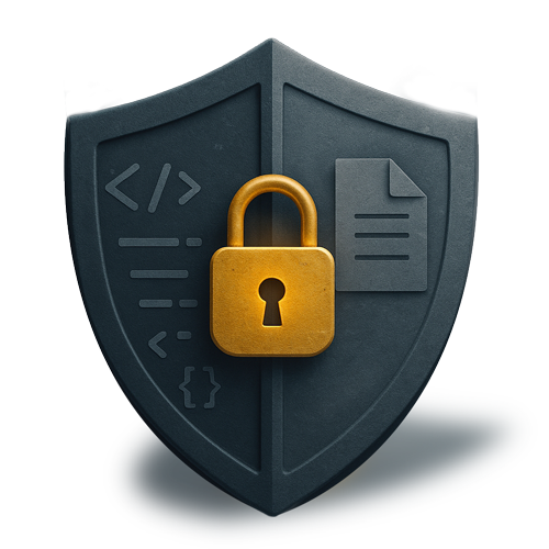 Shield icon with code and document symbols secured by a golden padlock, representing intellectual property protection for software and digital assets.
