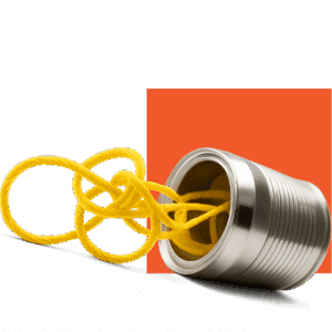 A tin can with a tangled yellow string, symbolizing broken or complicated communication, set against an orange background.