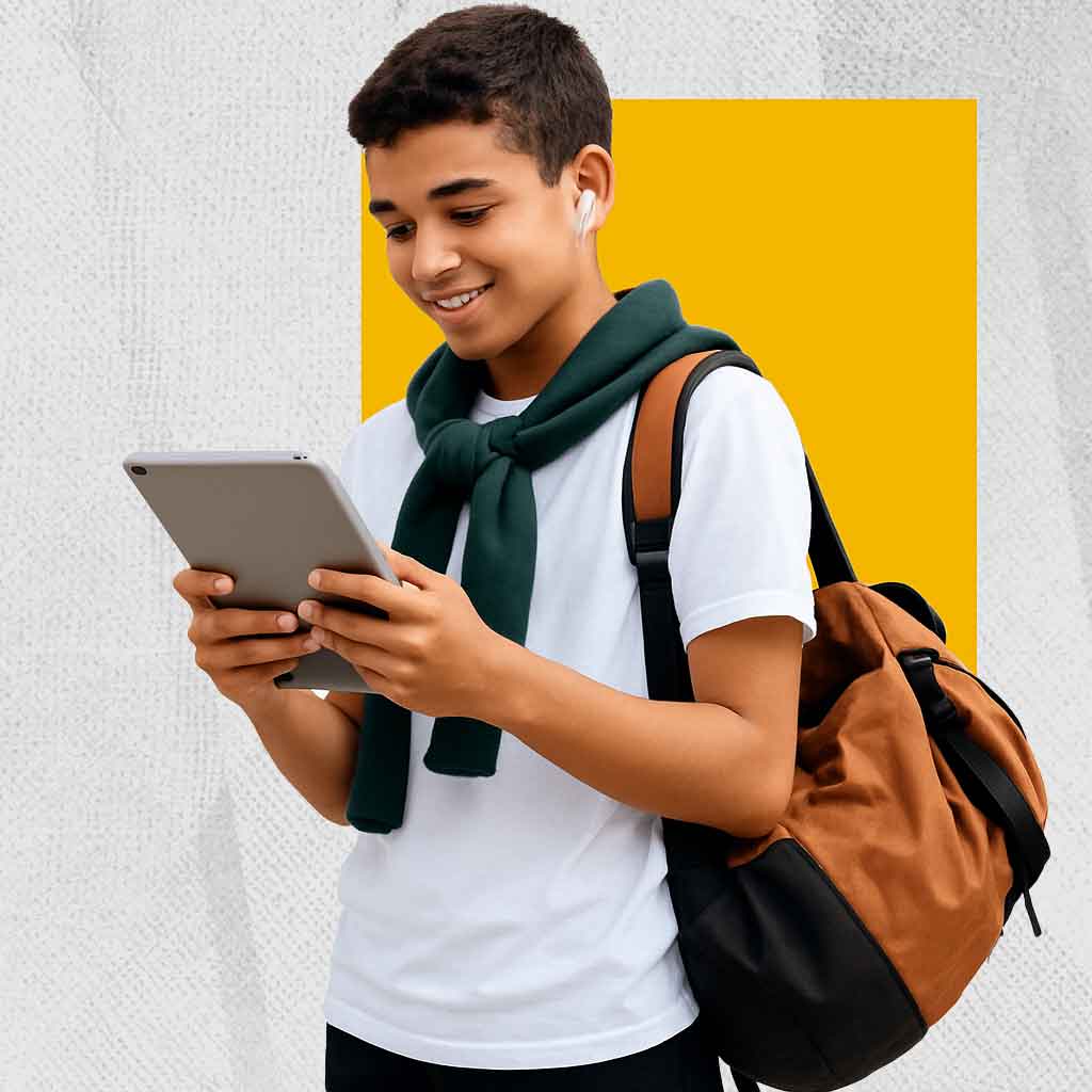 A young man with short hair, wearing a white t-shirt and a green sweater draped over his shoulders, stands smiling while looking at his phone. He has wireless earbuds in his ears and carries a large brown and black duffel bag over one shoulder. The background features a solid yellow square behind him, with the rest of the image background being white.